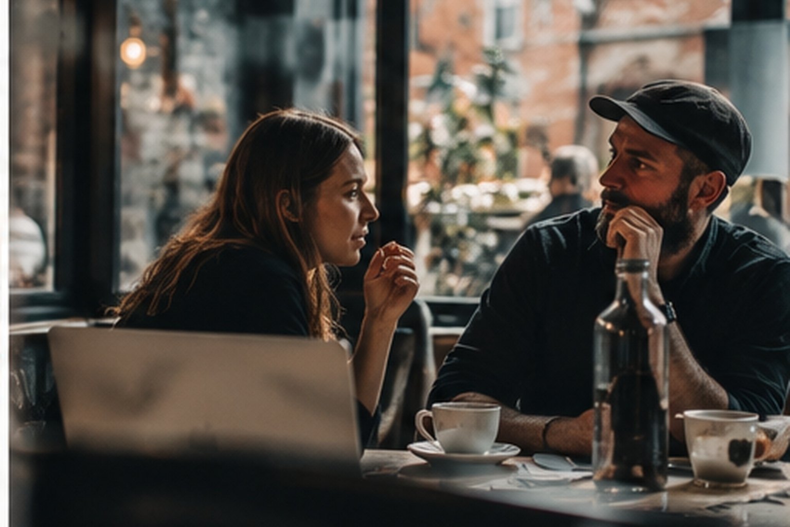 Two people in a focused conversation across a cafe table, a laptop open between them