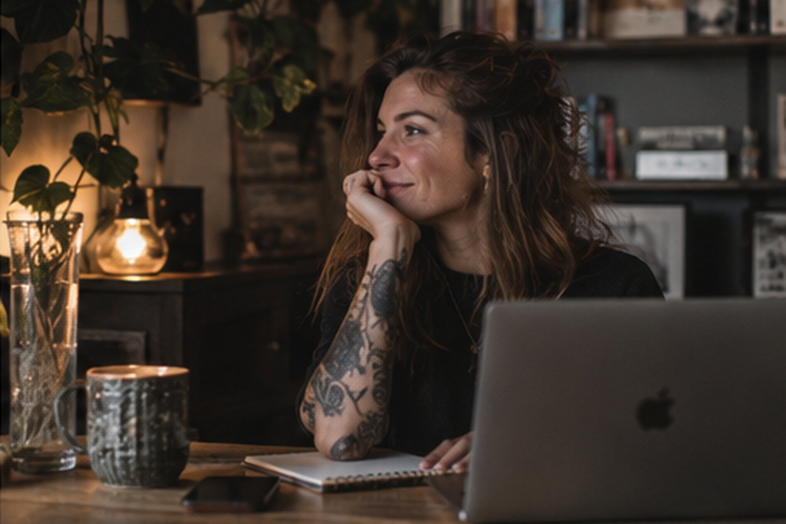 A woman working at a laptop in a lamplit room lined with books and plants